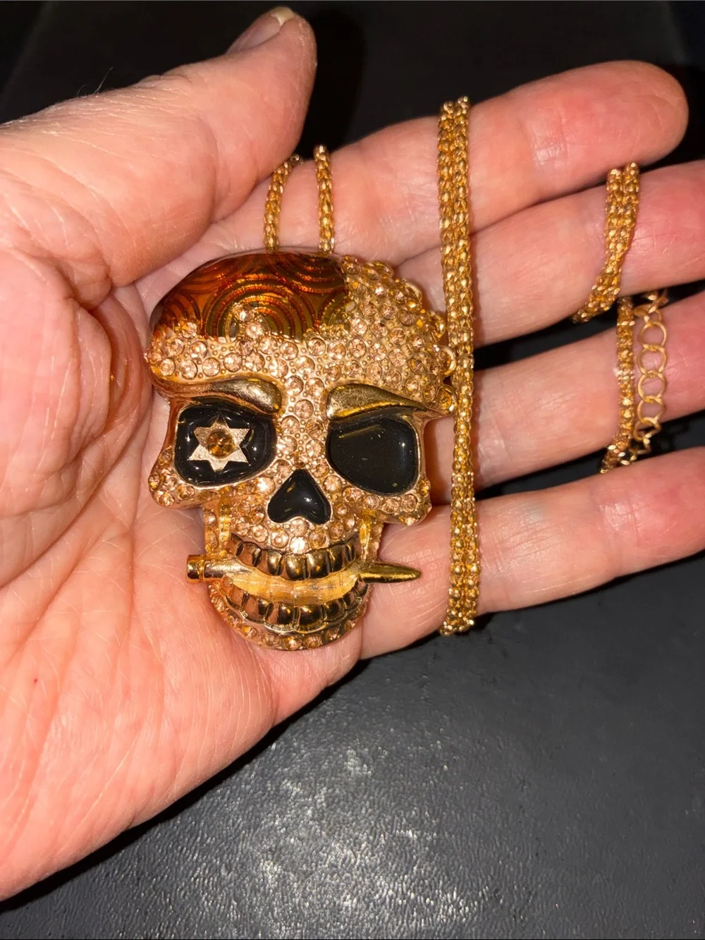Gold Crystal Skull Pendant Necklace